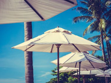 Hindistan cevizi hurma ağacı ile deniz okyanus seyahat ve tatil için mavi gökyüzü arka plan üzerinde Beyaz şemsiye