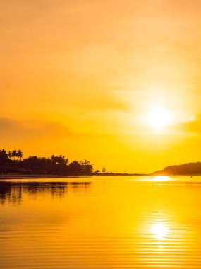 Güzel tropikal plaj deniz ve okyanus ile Hindistan cevizi hurma ağacı gündoğumu zaman seyahat ve tatil için