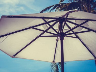 Hindistan cevizi hurma ağacı ile deniz okyanus seyahat ve tatil için mavi gökyüzü arka plan üzerinde Beyaz şemsiye