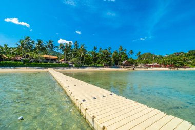 Güzel tropikal plaj deniz ve kum mavi gökyüzü ve beyaz bulut iskelesinden seyahat ve tatil için Hindistan cevizi hurma ağacı ile