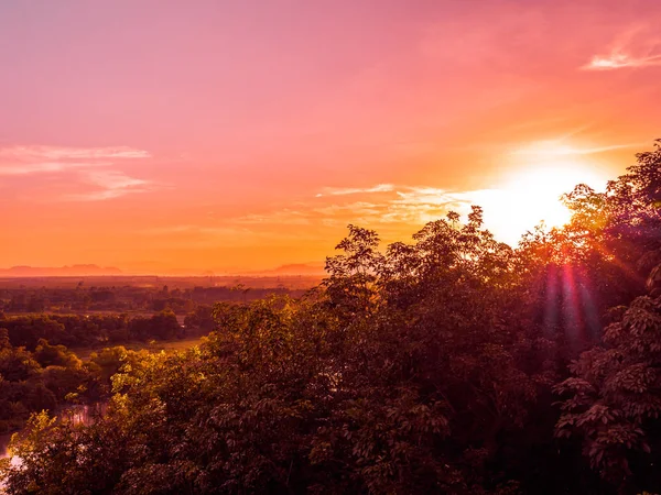 Beautiful Aerial View Green Forest Landscape Twilight Sunset Time Travel — Stock Photo, Image