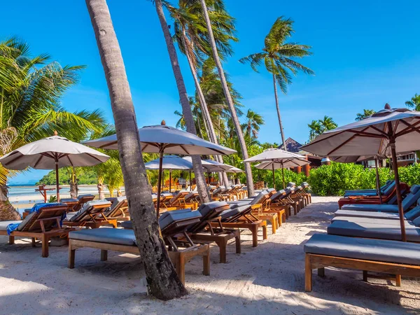 Umbrella Chair Beach Sea Ocean Blue Sky Coconut Palm Tree — Stock Photo, Image