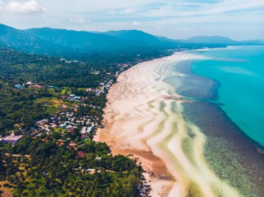 Seyahat ve tatil için adada güzel tropikal plaj ve deniz ağaçları ile havadan görünümü