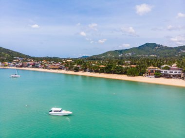 Seyahat ve tatil için adada güzel tropikal plaj ve deniz ağaçları ile havadan görünümü