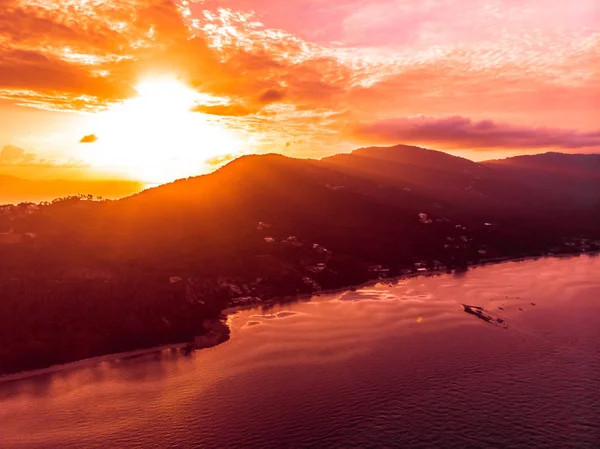 Vue Aérienne Belle Plage Tropicale Mer Sur Île Coucher Soleil — Photo