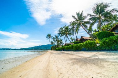 Güzel tropikal plaj deniz ve kum mavi gökyüzü ve beyaz bulut seyahat ve tatil için Hindistan cevizi hurma ağacı ile