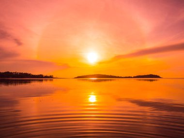 Güzel tropikal plaj deniz ve okyanus ile Hindistan cevizi hurma ağacı gündoğumu zaman seyahat ve tatil için