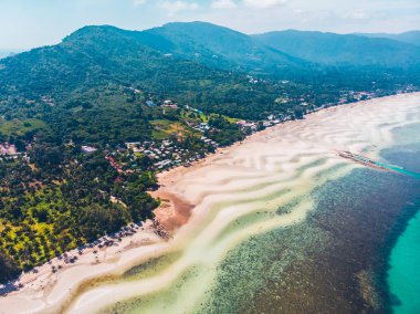 Seyahat ve tatil için adada güzel tropikal plaj ve deniz ağaçları ile havadan görünümü