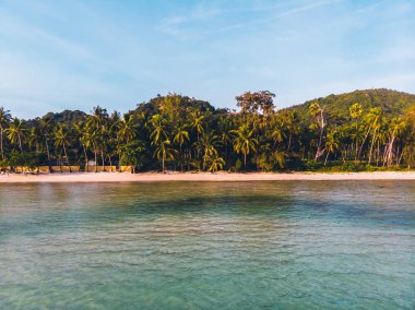 Seyahat ve tatil için adada güzel tropikal plaj ve deniz ağaçları ile havadan görünümü