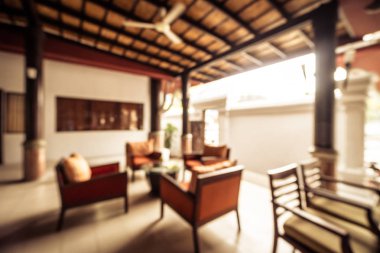 Özet olarak, arka plan için soyut bulanık ve odaksız otel ve lobi iç mekanı