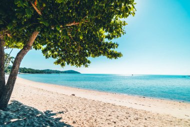 Güzel tropikal plaj ve deniz ile seyahat ve tatil için mavi gökyüzü beyaz bulut