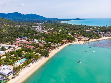 Seyahat ve tatil için adada güzel tropikal plaj ve deniz ağaçları ile havadan görünümü