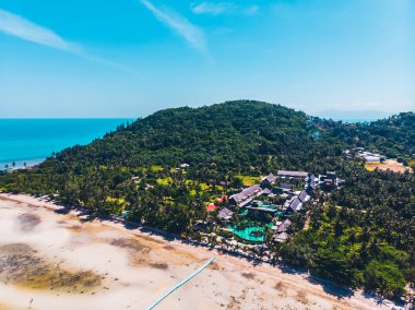 Seyahat ve tatil için adada güzel tropikal plaj ve deniz ağaçları ile havadan görünümü
