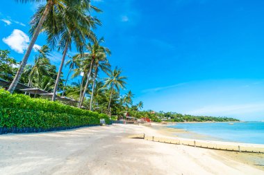 Güzel tropikal plaj deniz ve kum mavi gökyüzü ve beyaz bulut seyahat ve tatil için Hindistan cevizi hurma ağacı ile