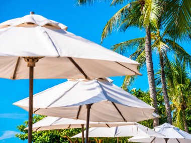 Hindistan cevizi hurma ağacı ile deniz okyanus seyahat ve tatil için mavi gökyüzü arka plan üzerinde Beyaz şemsiye