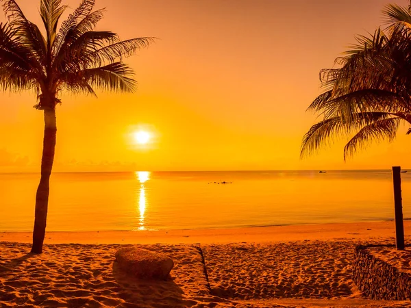 Beautiful tropical beach sea and ocean with coconut palm tree at sunrise time for travel and vacation