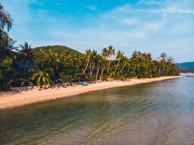 Seyahat ve tatil için adada güzel tropikal plaj ve deniz ağaçları ile havadan görünümü