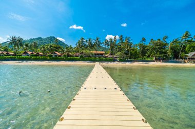 Güzel tropikal plaj deniz ve kum mavi gökyüzü ve beyaz bulut iskelesinden seyahat ve tatil için Hindistan cevizi hurma ağacı ile