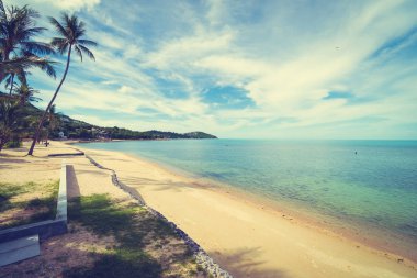 Güzel tropikal plaj deniz ve kum mavi gökyüzü ve beyaz bulut seyahat ve tatil için Hindistan cevizi hurma ağacı ile