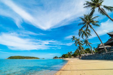Güzel tropikal plaj deniz ve kum mavi gökyüzü ve beyaz bulut seyahat ve tatil için Hindistan cevizi hurma ağacı ile