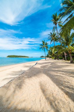 Güzel tropikal plaj deniz ve kum mavi gökyüzü ve beyaz bulut seyahat ve tatil için Hindistan cevizi hurma ağacı ile