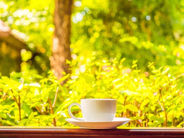 Outdoor patio with beautiful nature view and white coffee cup for relax