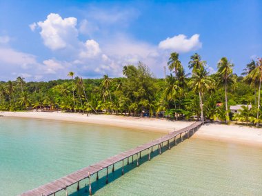 Güzel doğa tropikal plaj ve deniz kayık tekne ve Hindistan cevizi hurma ağacı Cennet Adası için seyahat etmek tatil