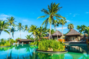 Hindistan cevizi hurma ağacının etrafında seyahat ve tatil için deniz ve okyanus görünümü ile güzel açık yüzme havuzu