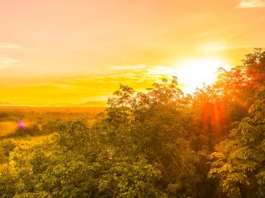 Alacakaranlık ve günbatımı zaman seyahat ve tatil için yeşil orman manzara ile güzel havadan görünümü