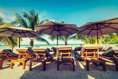 Şemsiye ve sandalye etrafında seyahat ve tatil için Hindistan cevizi hurma ağacı ile güzel açık deniz ve okyanus görmek