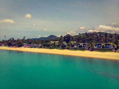 Seyahat ve tatil için adada güzel tropikal plaj ve deniz ağaçları ile havadan görünümü