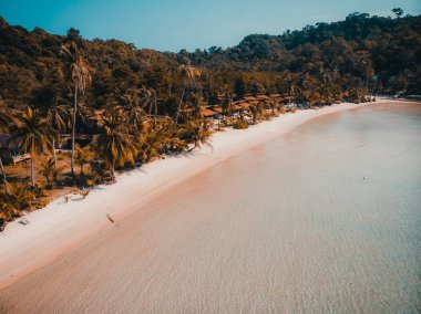 Güzel doğa tropikal plaj ve deniz kayık tekne ve Hindistan cevizi hurma ağacı Cennet Adası için seyahat etmek tatil