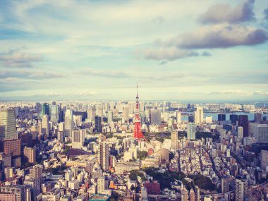 Japonya'da mavi gökyüzü ve beyaz bulut ile güzel mimari ve yapı ile tokyo tokyo şehir etrafında kule