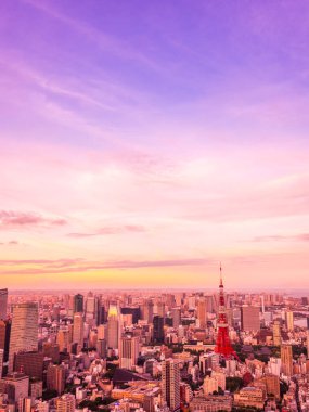 Japonya'da günbatımı zaman şehirde bina mimari ve tokyo kule güzel havadan görünümü