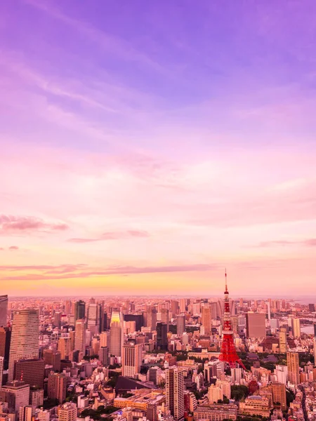 日本の日没時市周辺建物建築と東京タワーの美しい空撮 — ストック写真