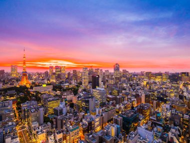 Şehir Japonya'da günbatımı zamanı, güzel mimarisi ve tokyo kule