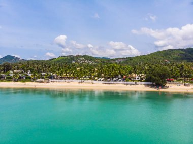 Seyahat ve tatil için adada güzel tropikal plaj ve deniz ağaçları ile havadan görünümü