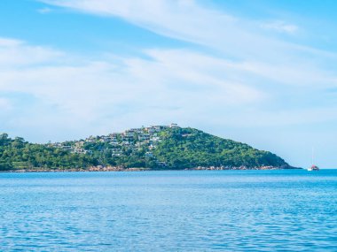Güzel tropikal plaj ve deniz ile Hindistan cevizi hurma ağacının seyahat ve tatil