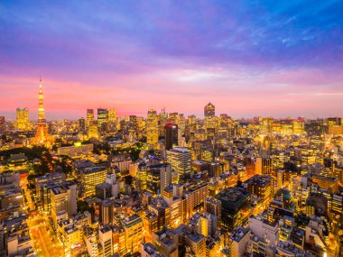 Şehir Japonya'da günbatımı zamanı, güzel mimarisi ve tokyo kule