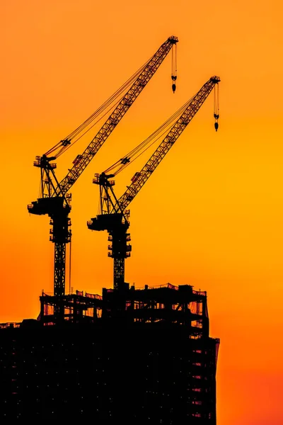 Hermosa Grúa Silhouette Construcción Edificio Atardecer — Foto de Stock