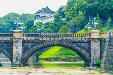 Güzel eski mimari İmparatorluk Sarayı Kalesi hendek ve Tokyo şehir Japonya köprüsünde