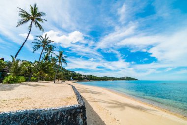 Güzel tropikal plaj deniz ve kum mavi gökyüzü ve beyaz bulut seyahat ve tatil için Hindistan cevizi hurma ağacı ile