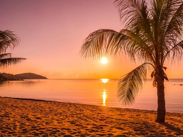 Hermosa Playa Tropical Mar Océano Con Palmera Coco Amanecer Para — Foto de Stock