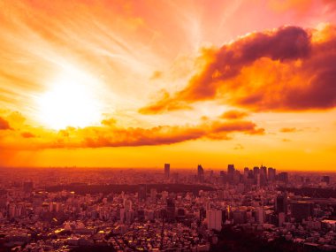 Güzel havadan görünümü, mimari ve günbatımı zaman Japonya'nın tokyo şehir etrafında bina