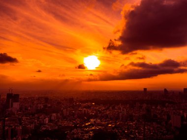 Güzel havadan görünümü, mimari ve günbatımı zaman Japonya'nın tokyo şehir etrafında bina
