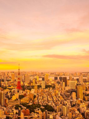 Japonya'da günbatımı zaman şehirde bina mimari ve tokyo kule güzel havadan görünümü