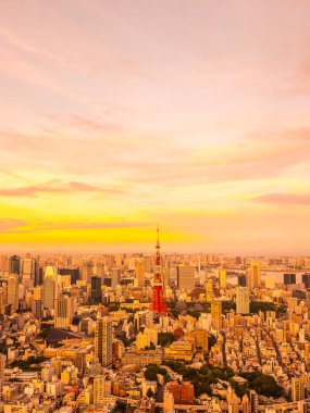 Japonya'da günbatımı zaman şehirde bina mimari ve tokyo kule güzel havadan görünümü