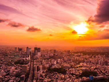Güzel havadan görünümü, mimari ve günbatımı zaman Japonya'nın tokyo şehir etrafında bina