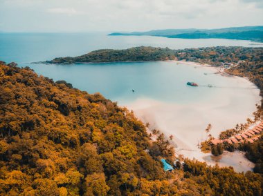 Güzel doğa tropikal plaj ve deniz kayık tekne ve Hindistan cevizi hurma ağacı Cennet Adası için seyahat etmek tatil