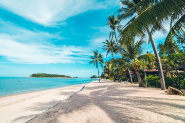 Güzel tropikal plaj deniz ve kum mavi gökyüzü ve beyaz bulut seyahat ve tatil için Hindistan cevizi hurma ağacı ile
